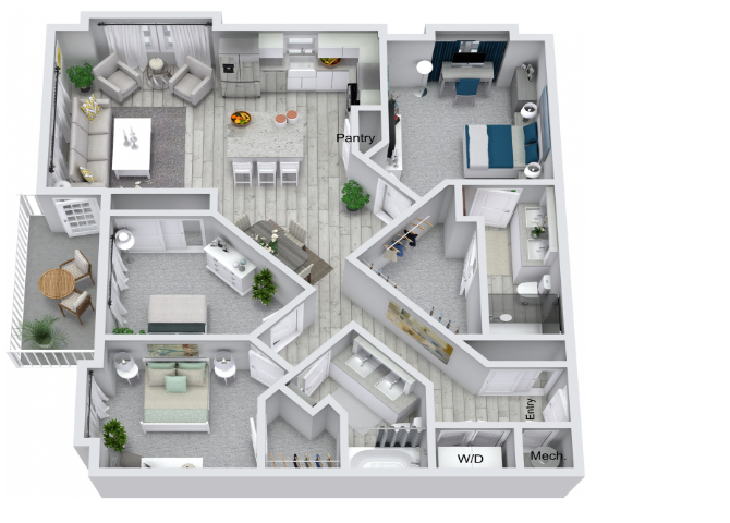Floor plan for 3 beds, 2 baths, 1408 sqft